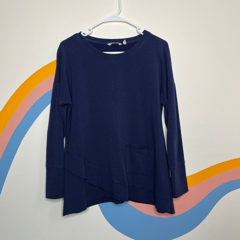 Soft Surroundings Navy Blue Asymmetrical Tiered Hem Pullover Top 38Q26 Womens PL